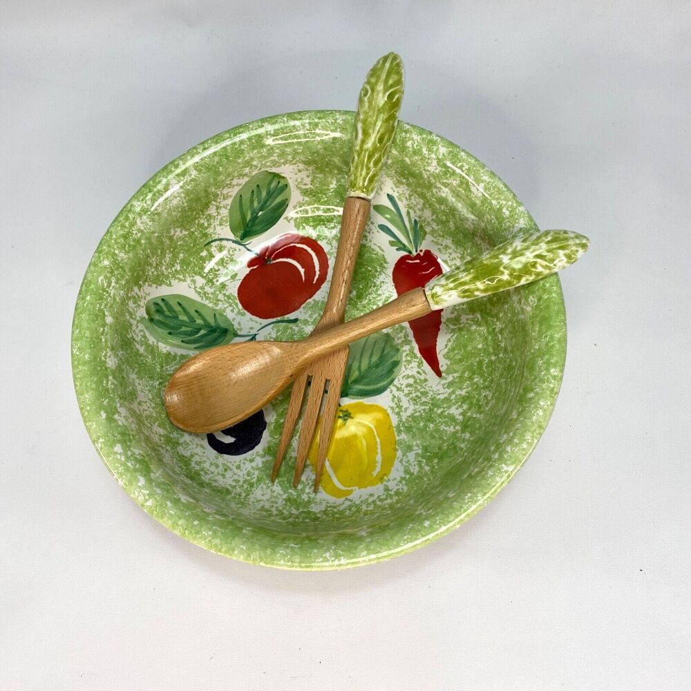 Large Ceramic Salad Pasta Vegetable Bowl Made in Italy Spoon & Fork Set Green
